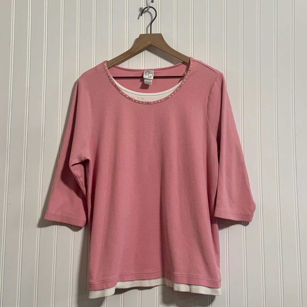 Vintage Fashion Bug‎ Pink Ribbed Faux Layered Top Studded Neck 18/20W Coquette